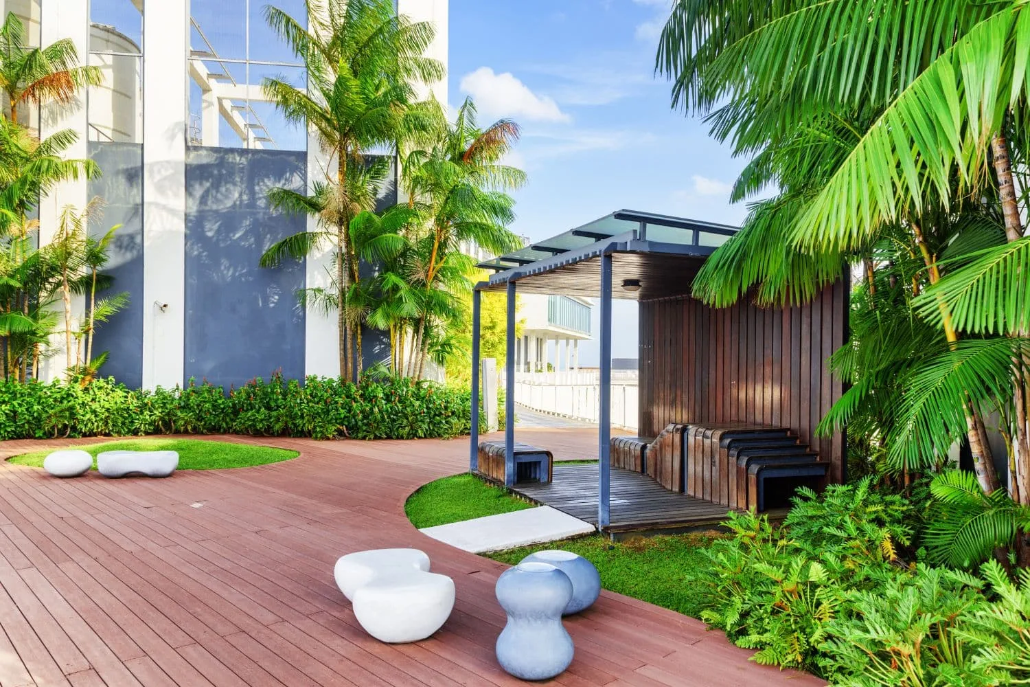 Timber deck and pergola entertaining area with built-in seating