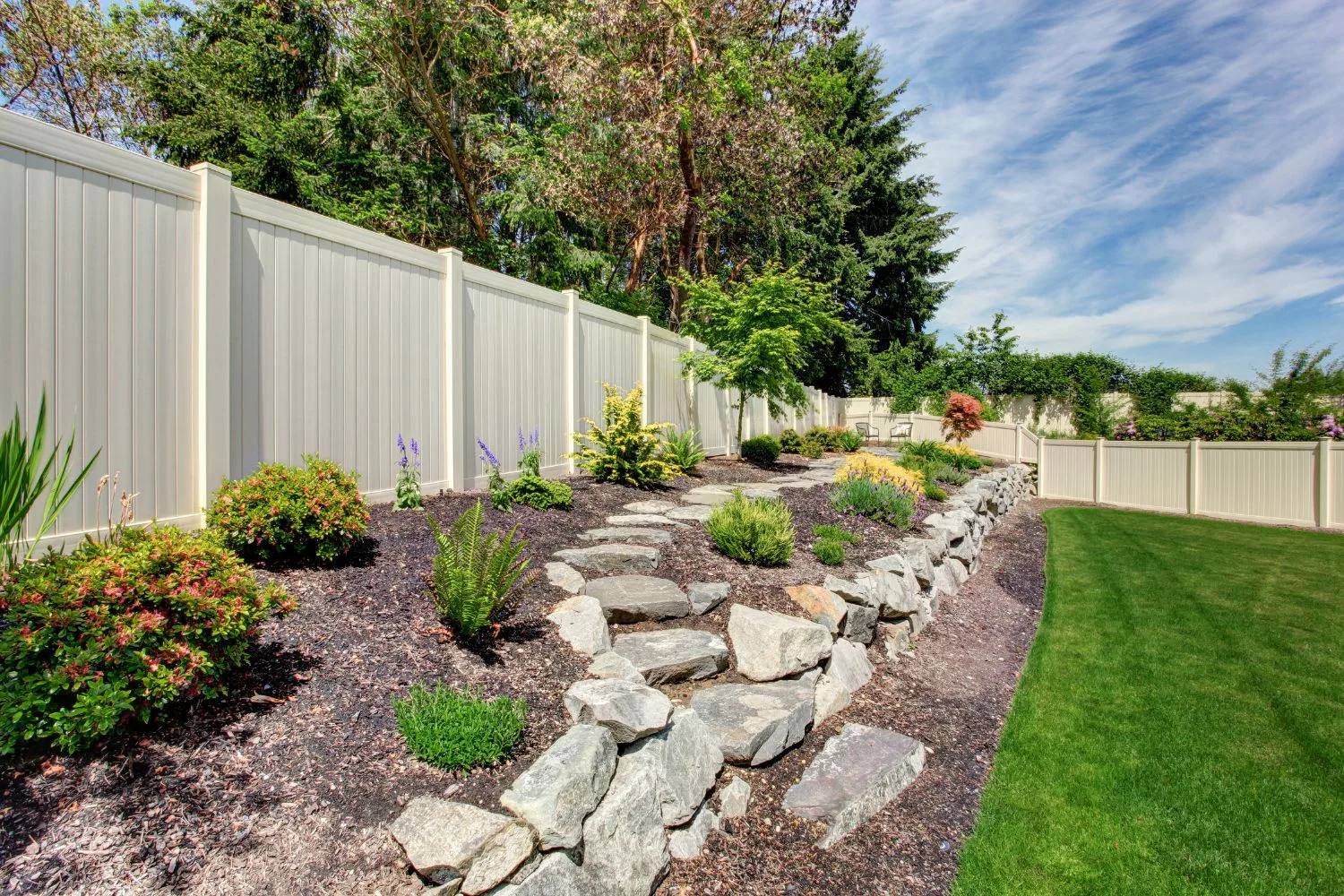 Landscaped garden bed with stone retaining border and turf