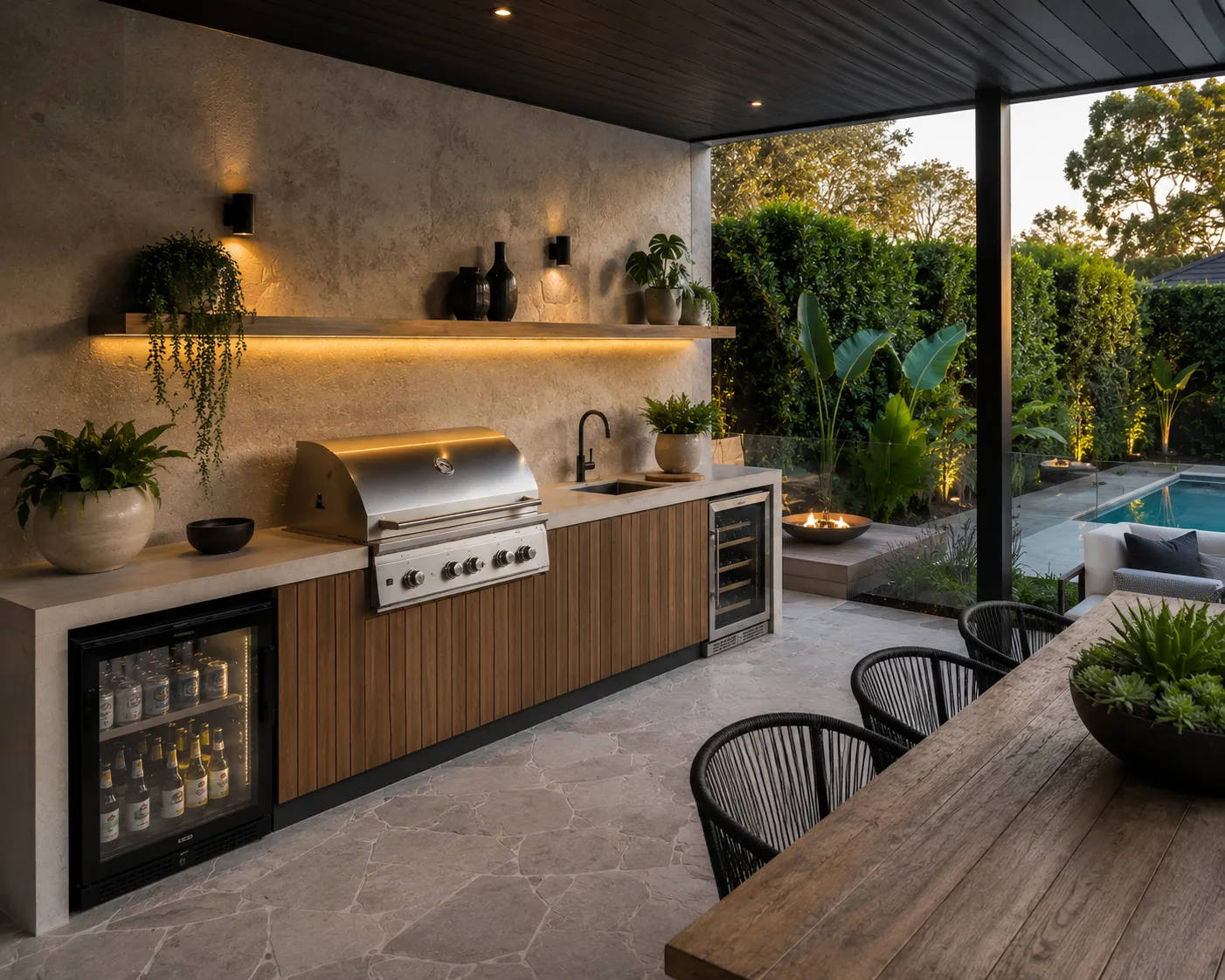 Outdoor kitchen with BBQ, sink and bar fridge overlooking the pool