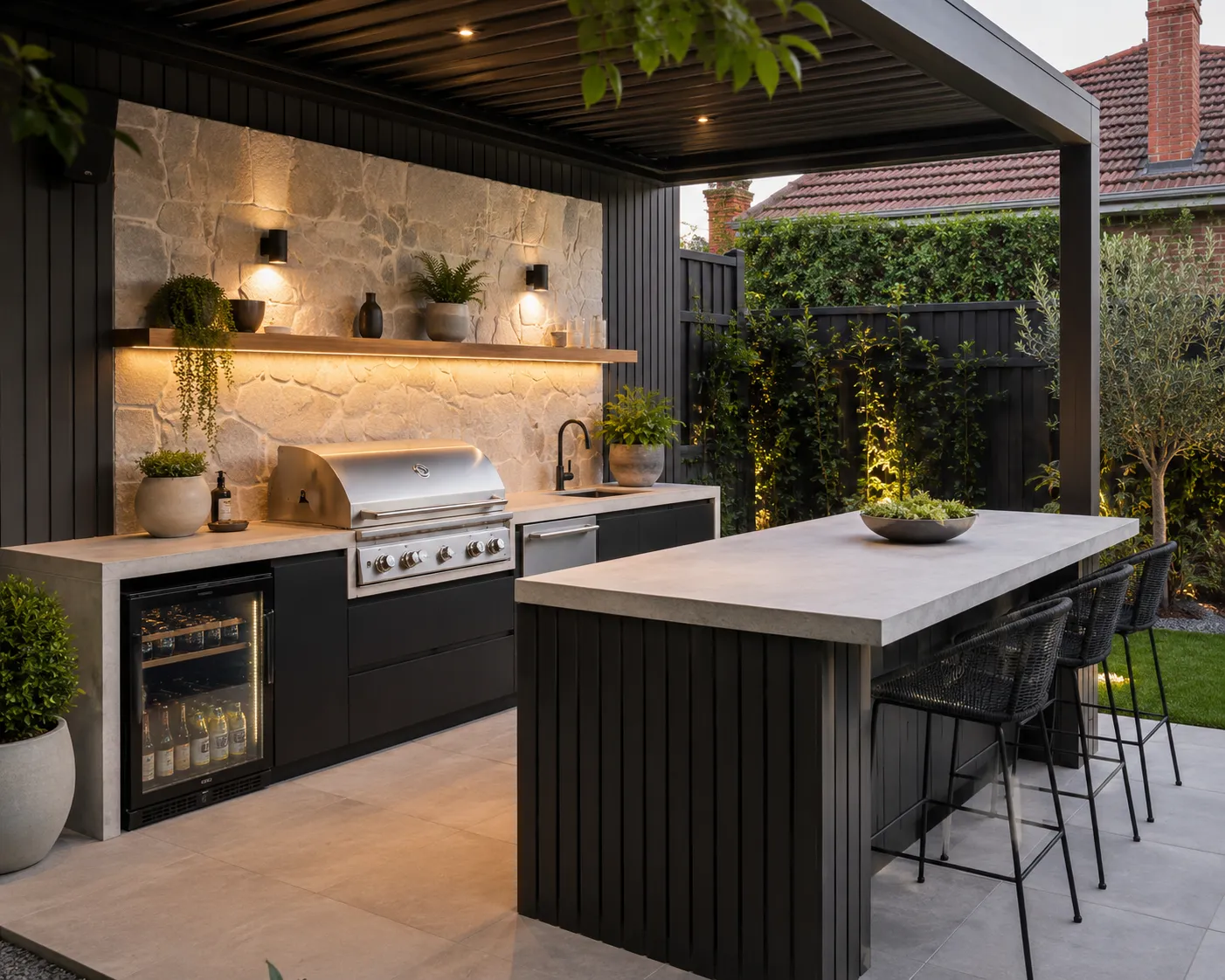 Outdoor kitchen with stone feature wall and built-in bar seating