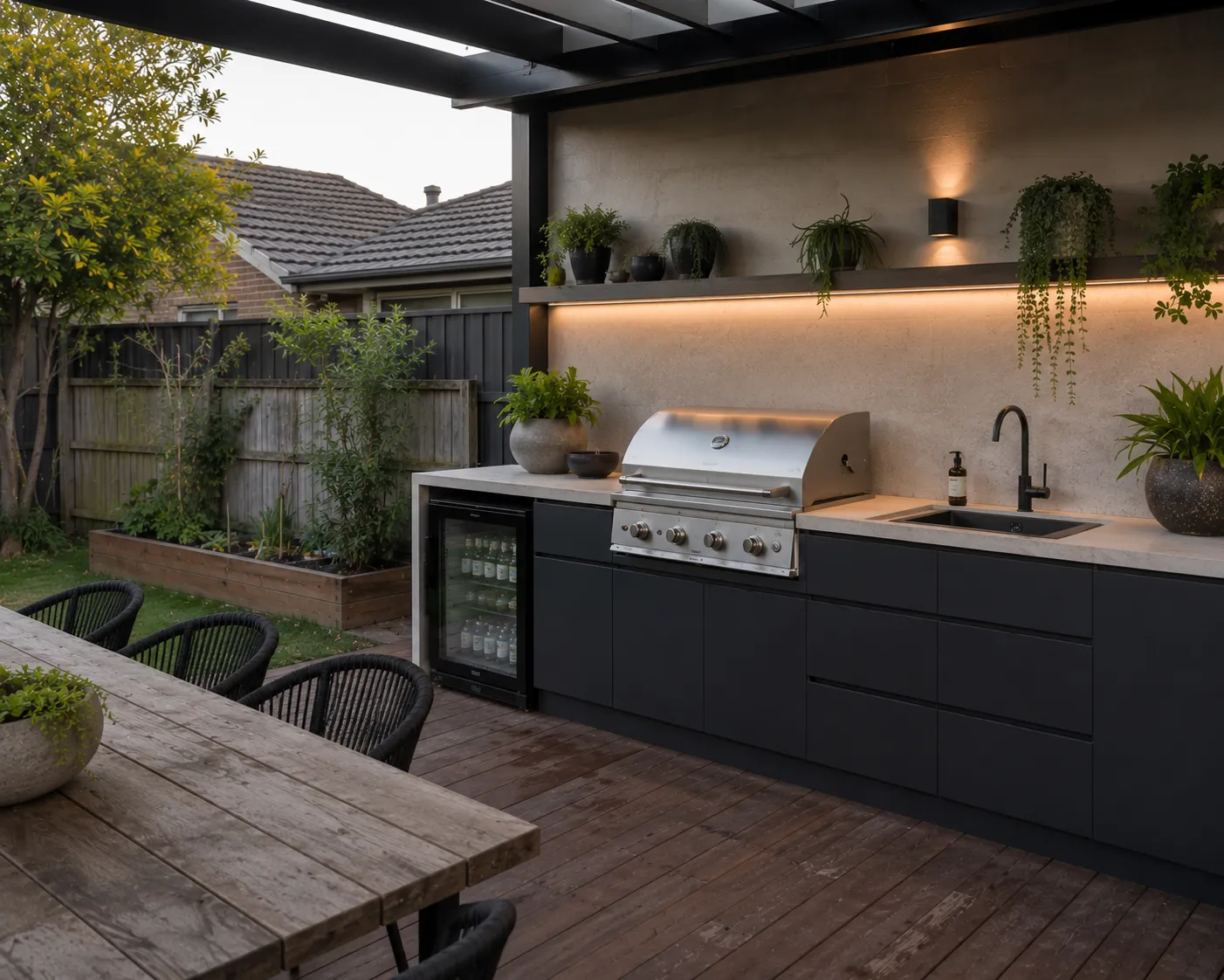 Built-in outdoor kitchen with pergola, BBQ and dining setting