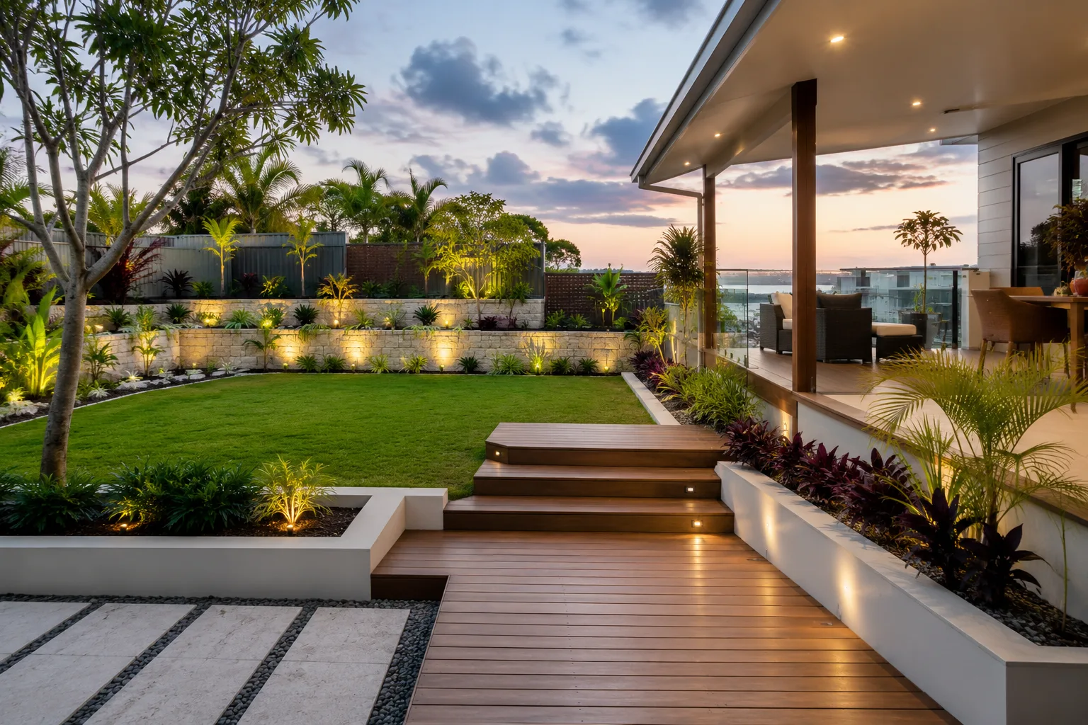 Tiered stone retaining wall and covered deck with garden lighting at dusk