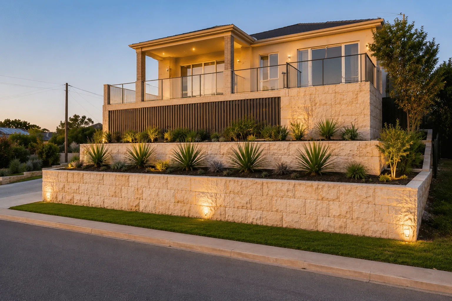 Tiered stone retaining wall with garden lighting