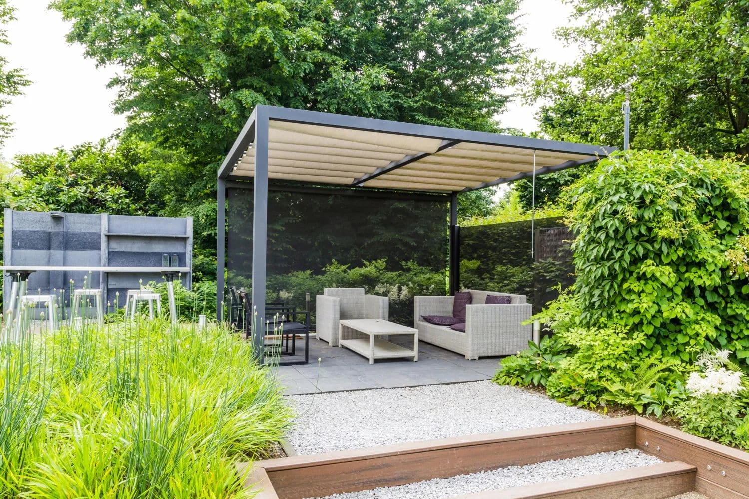 Pergola shade structure over an outdoor seating area