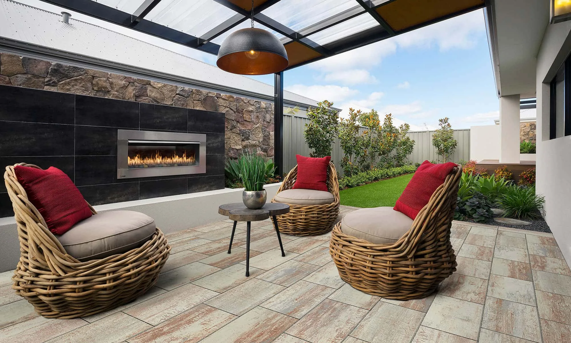 Paved patio area with outdoor furniture